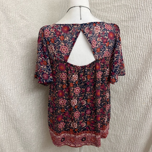 Lucky Brand Boho Floral Top Size Large Ruffle Sleeve Romantic Peasant Blouse - Picture 5 of 12